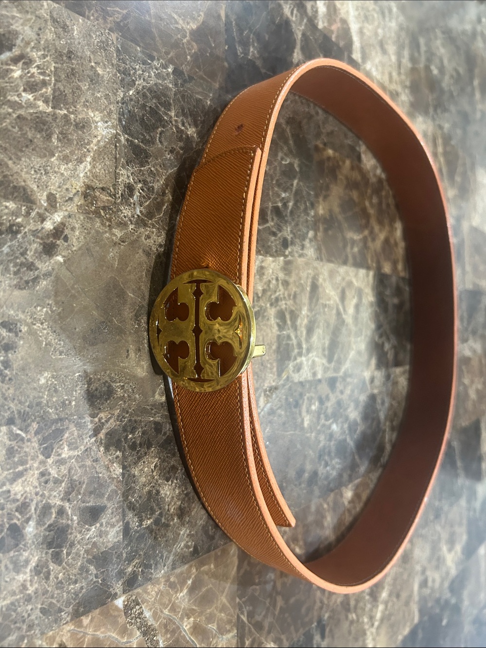 Tory Burch Tan Leather Belt with Gold Logo Buckle